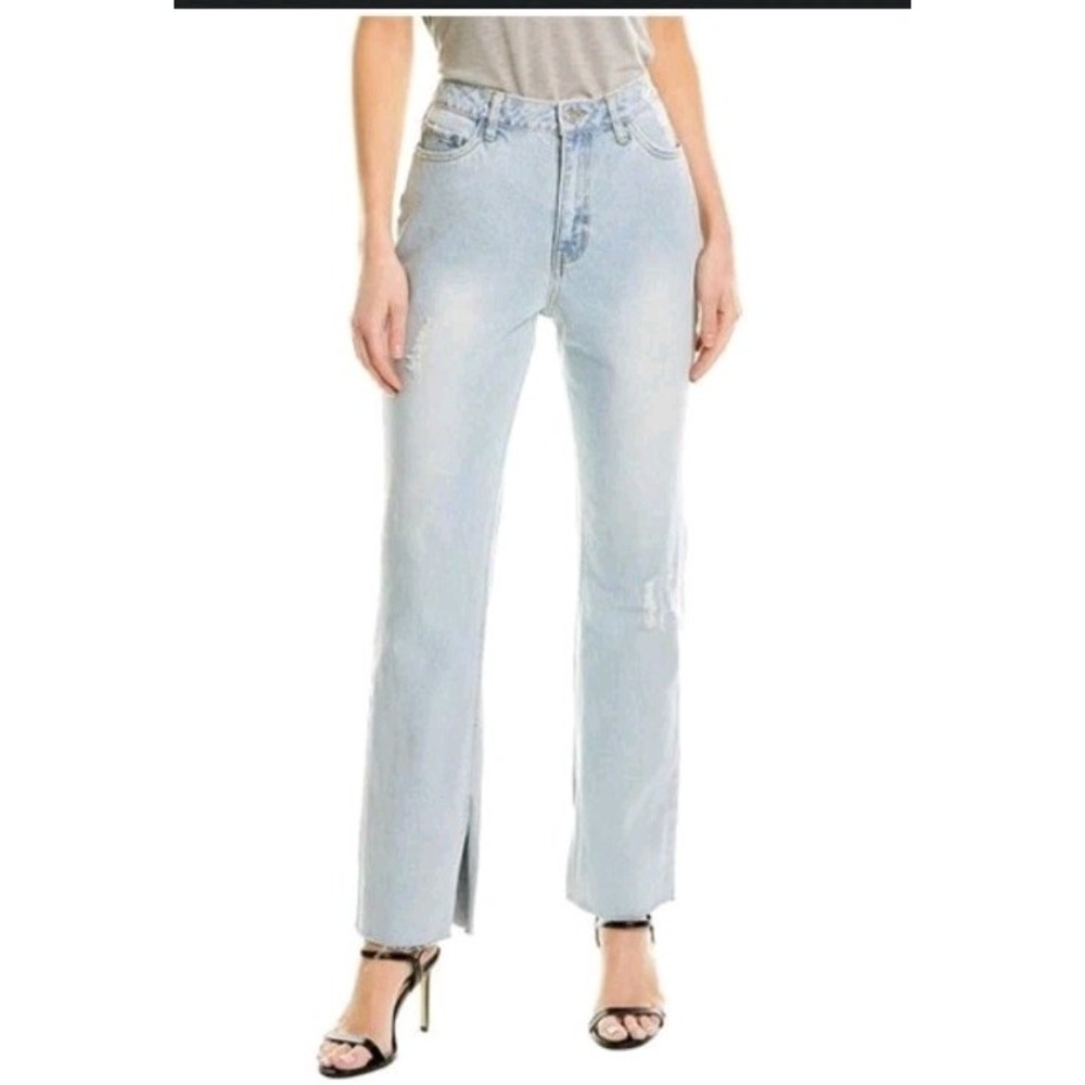 Anthro Avec Les Filles Straight Leg Distressed High Rise Jeans Sz 27 Slit Hem